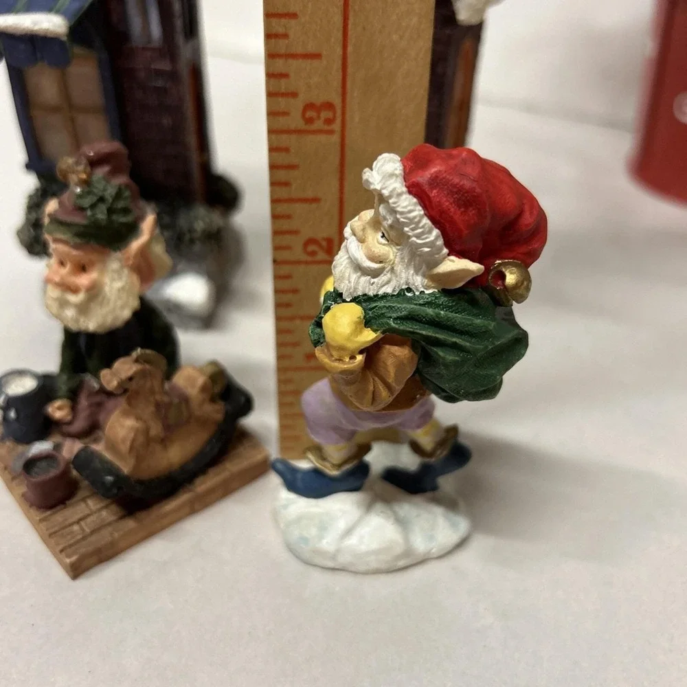 Christmas Village 4 Pieces, Two Pencil Houses, Two Elves, Resin,‎  Display
